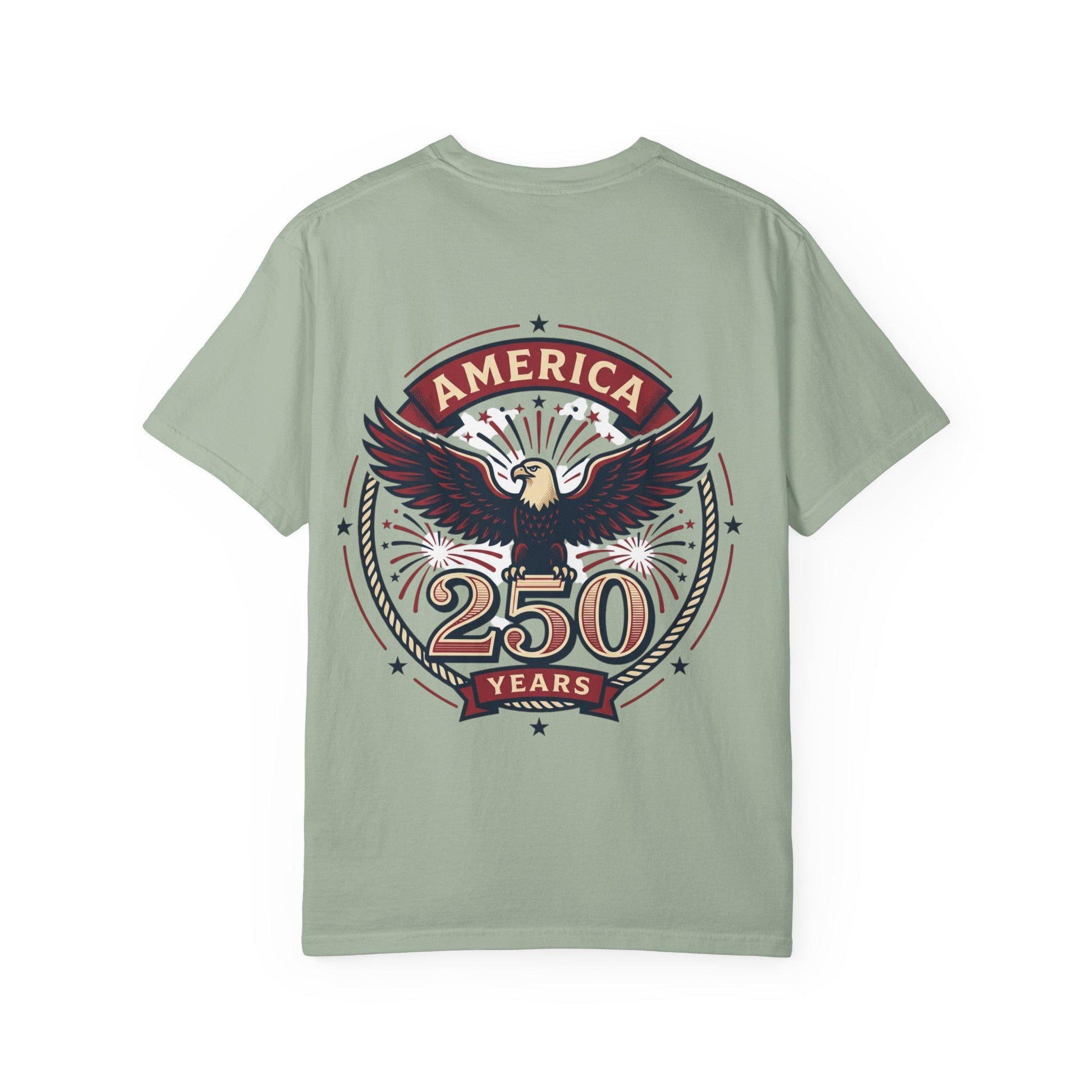 Seafoam green T-shirt with eagle 'AMERICA' 250 years crest graphic