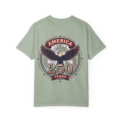 Seafoam green T-shirt with eagle 'AMERICA' 250 years crest graphic