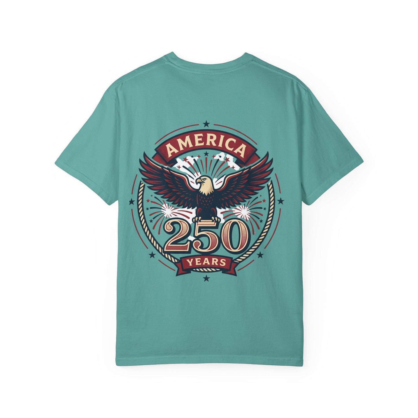 Teal T-shirt with eagle emblem and “AMERICA 250 YEARS” graphic on the back