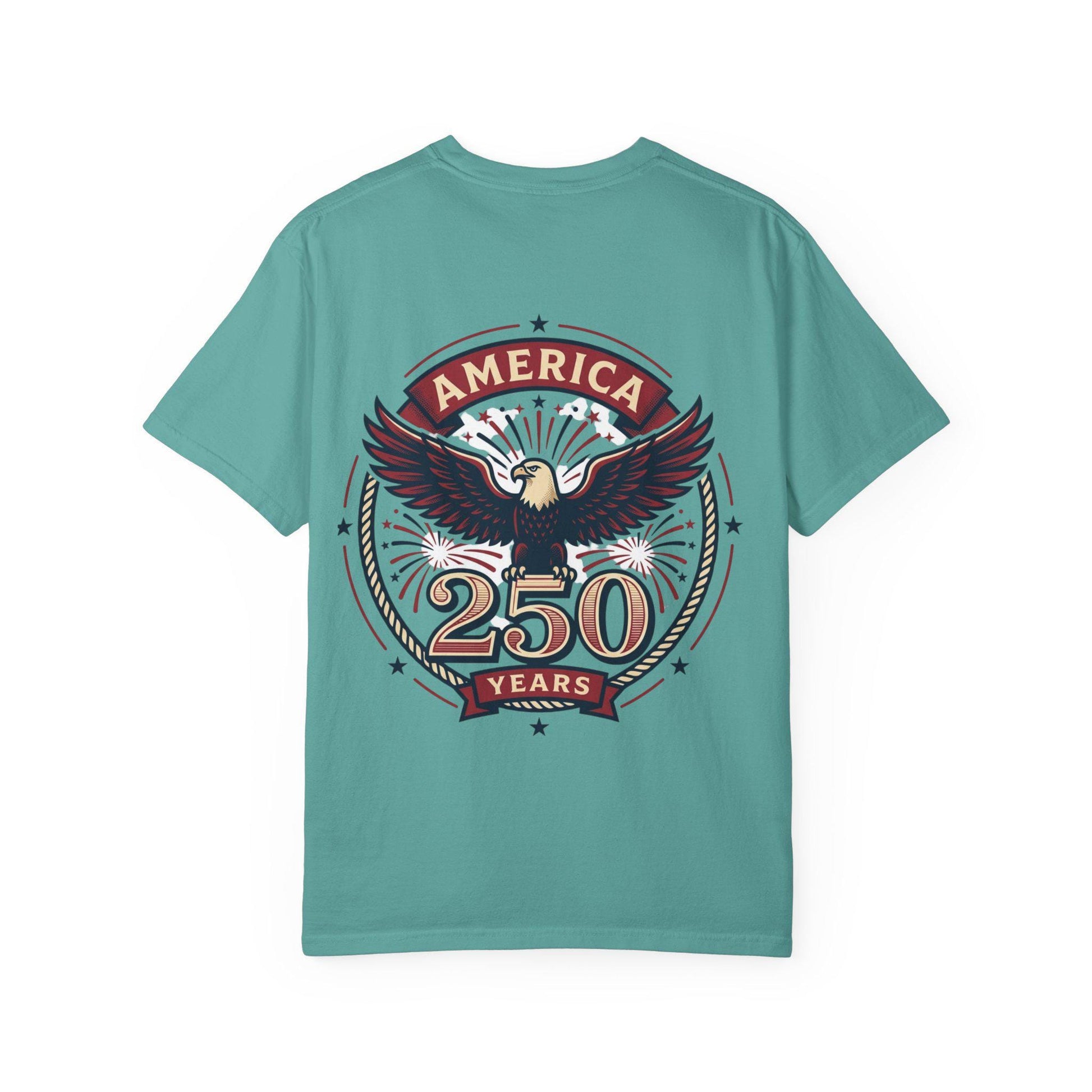 Teal T-shirt with eagle emblem and “AMERICA 250 YEARS” graphic on the back