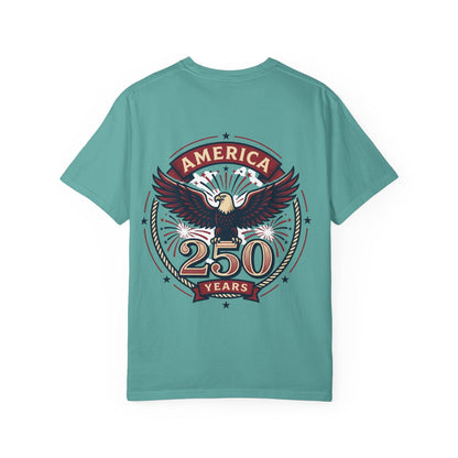 Teal T-shirt with eagle emblem and “AMERICA 250 YEARS” graphic on the back