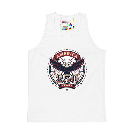 Men's white tank top with America 250 emblem graphic