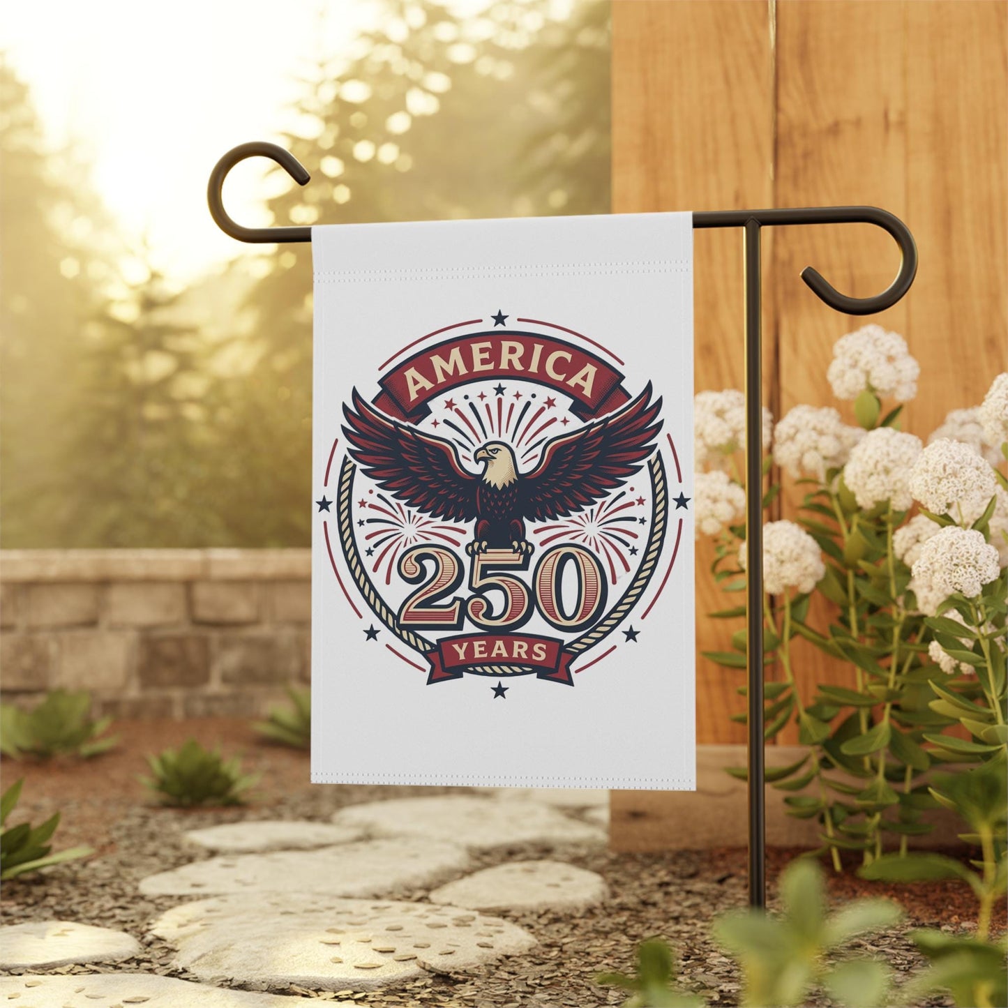White yard banner featuring America 250 Years eagle emblem on pole.