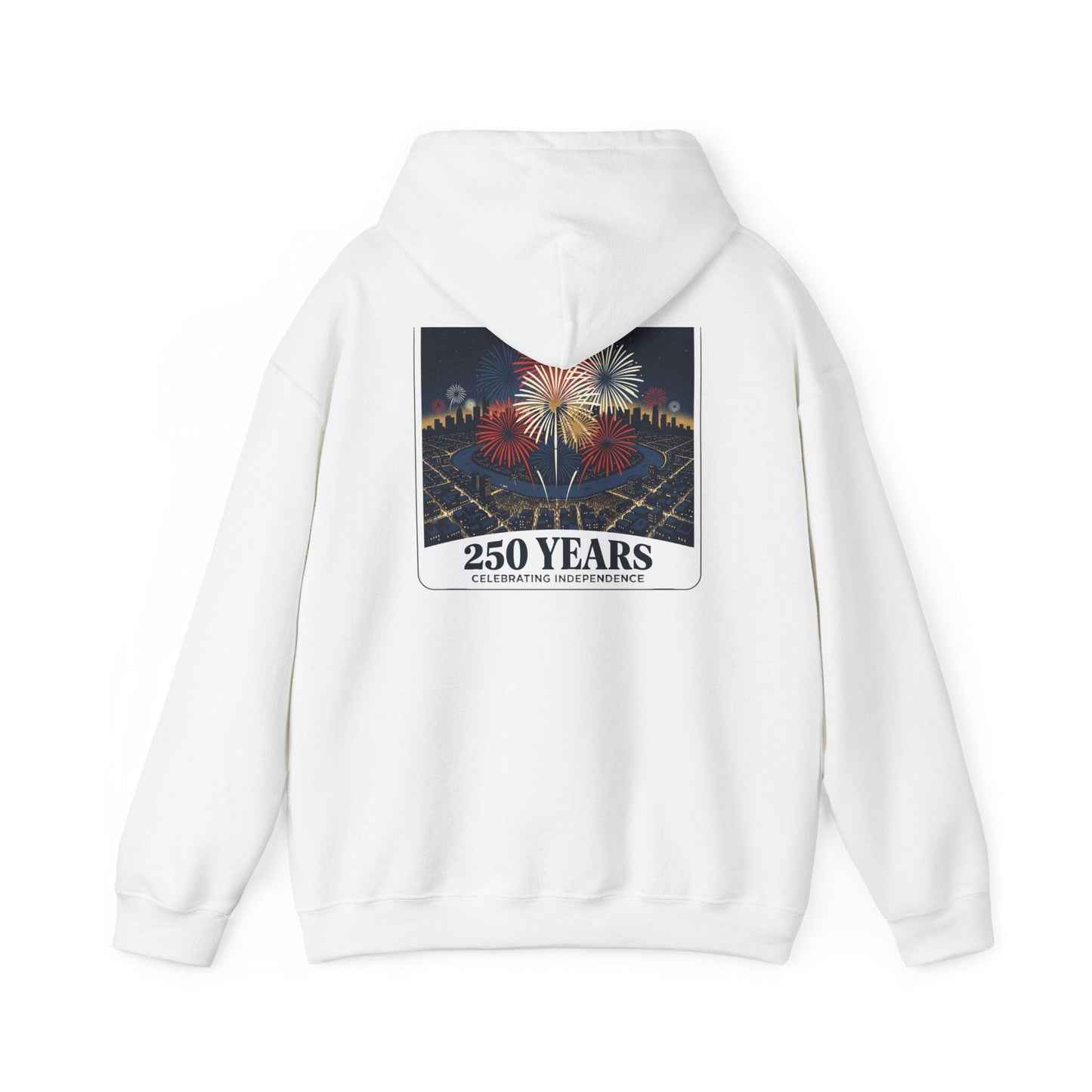 White hoodie back with fireworks “250 years” graphic, pullover hood
