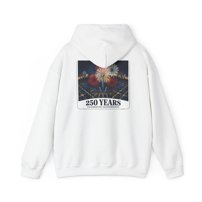 White hoodie back with fireworks “250 years” graphic, pullover hood