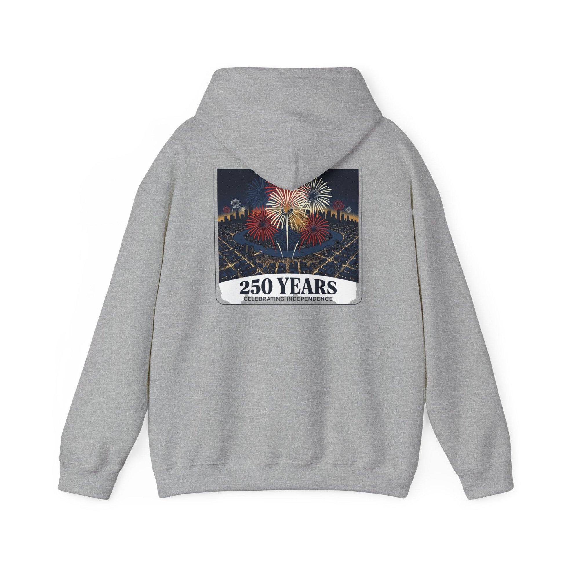 Light gray hoodie back with fireworks “250 years” graphic, pullover hood