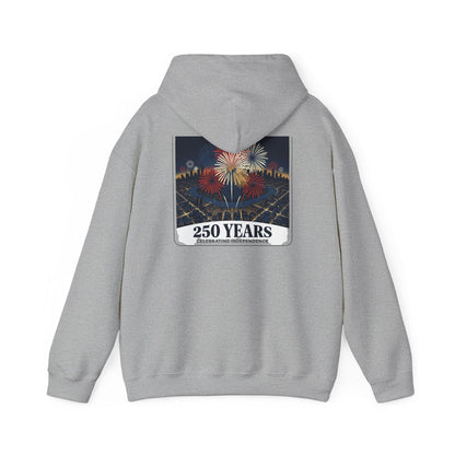 Light gray hoodie back with fireworks “250 years” graphic, pullover hood