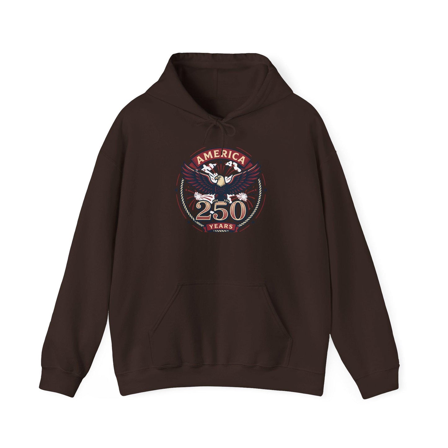 Dark brown hoodie with eagle 250 Years chest graphic and front pocket