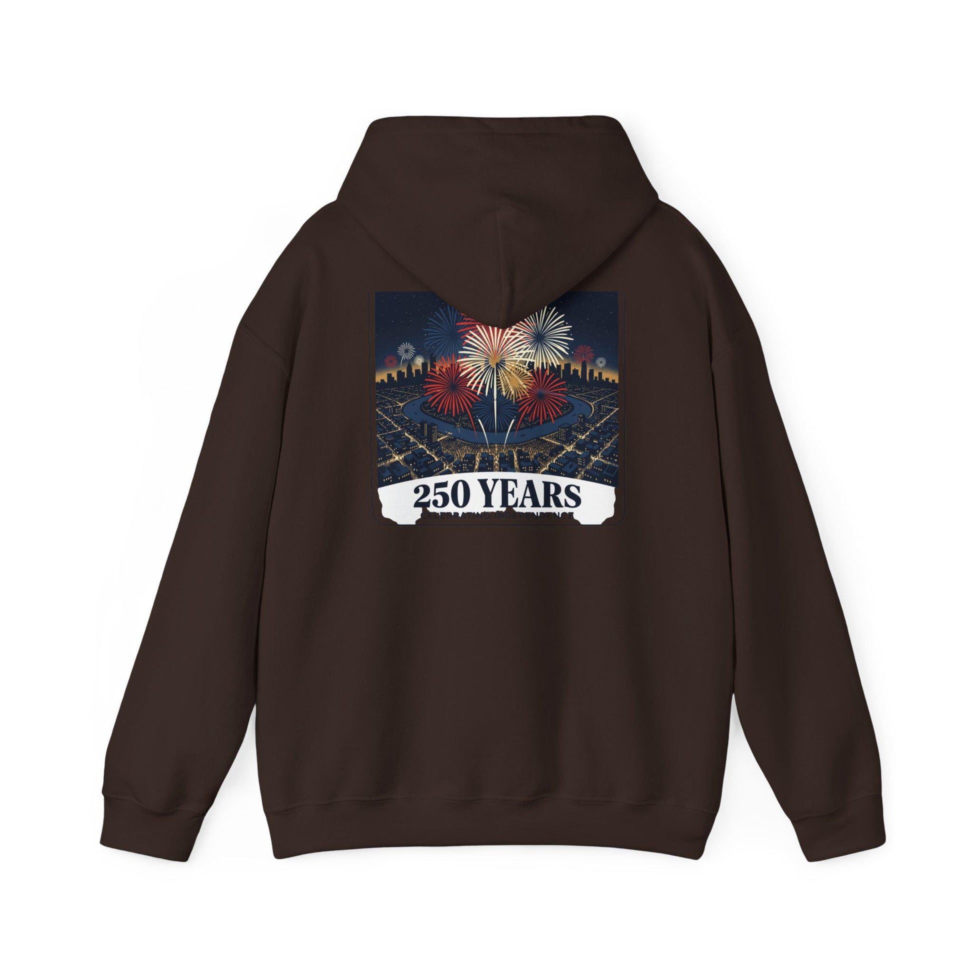 Dark brown hoodie with back fireworks and 250 Years graphic