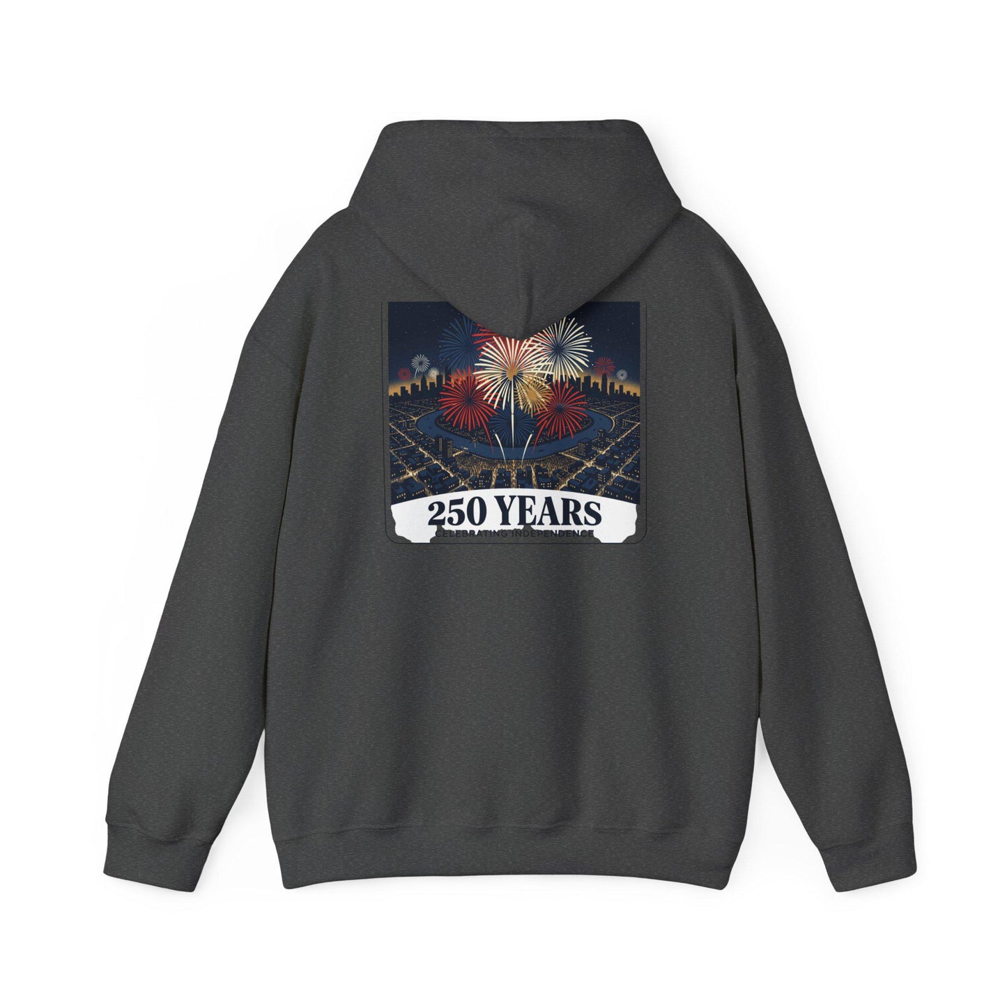 Medium gray hoodie with back fireworks and 250 Years graphic