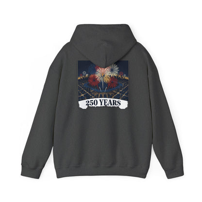 Medium gray hoodie with back fireworks and 250 Years graphic