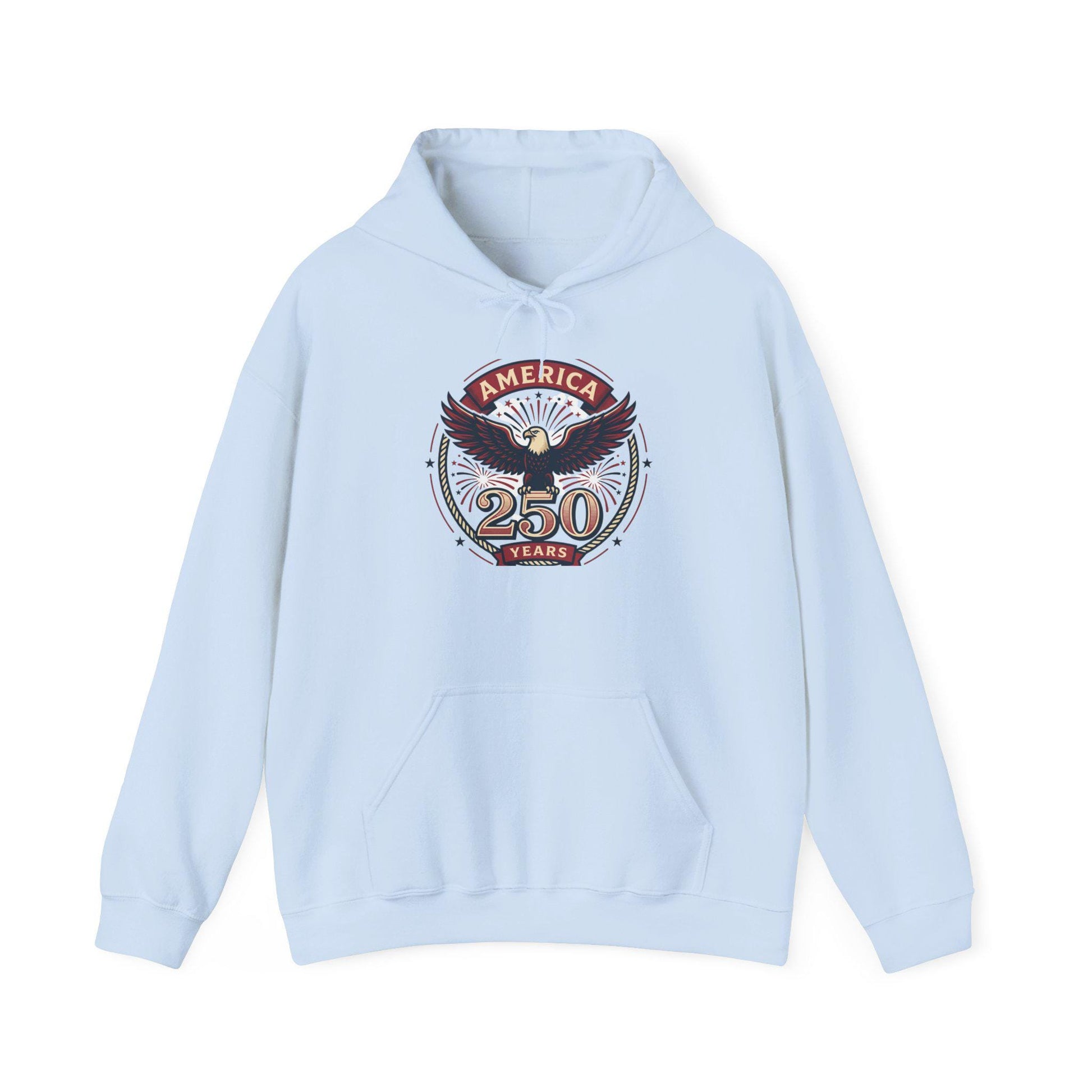 Light blue hoodie with eagle 250 Years chest graphic and front pocket