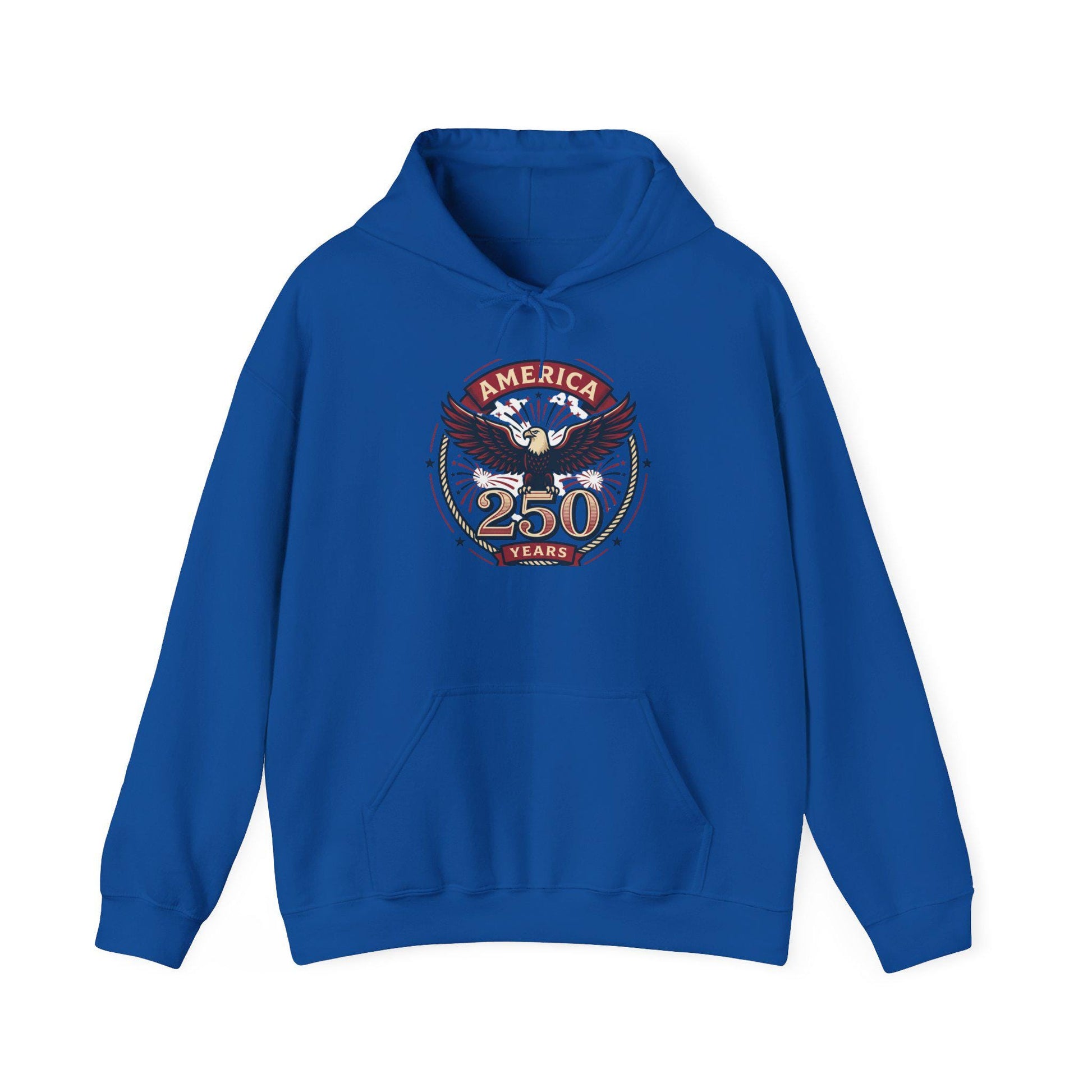 Royal blue hoodie with eagle 250 Years chest graphic and front pocket