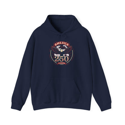 Navy hoodie with eagle 250 Years chest graphic and front pocket