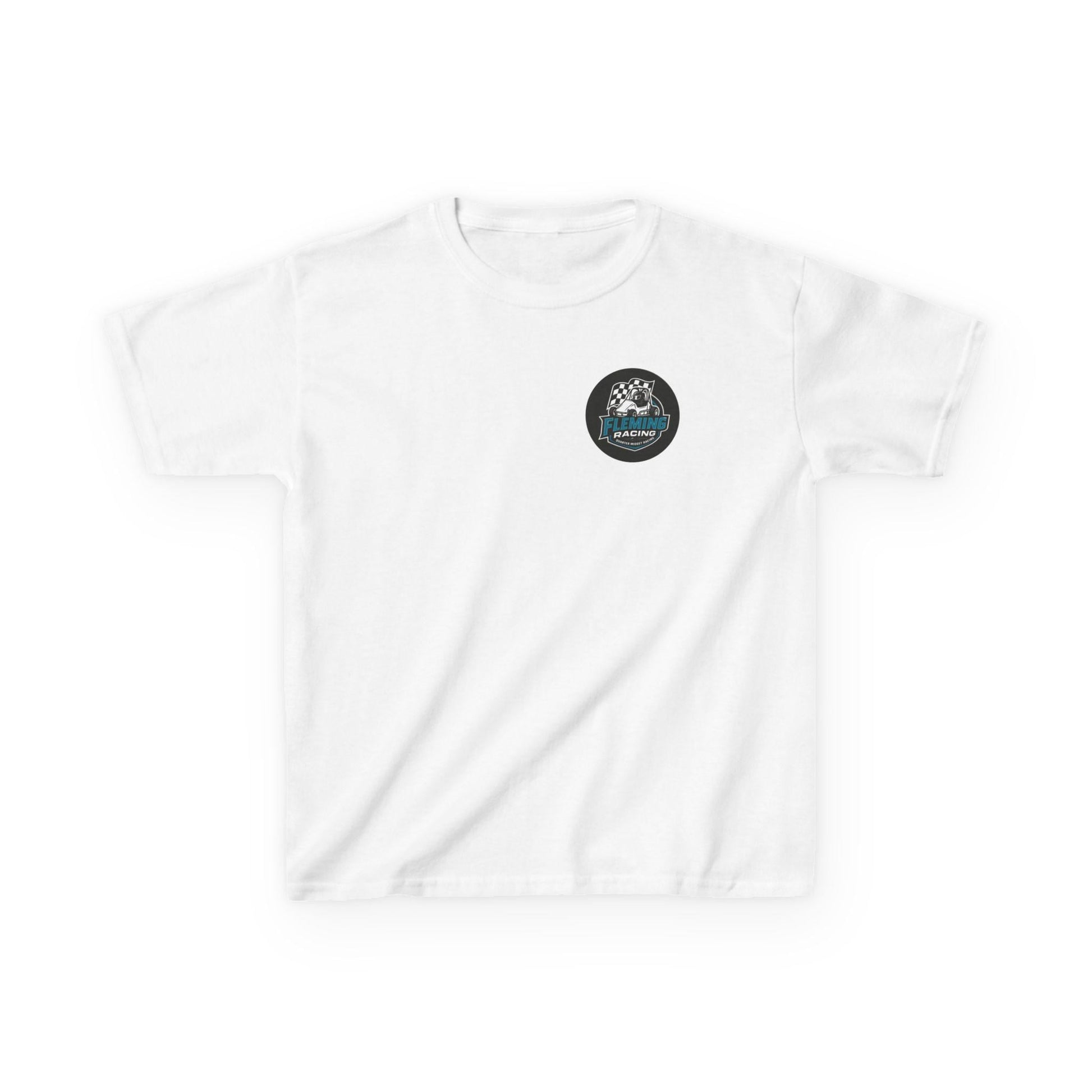 Kids racing logo tee, white T-shirt with small round emblem on chest