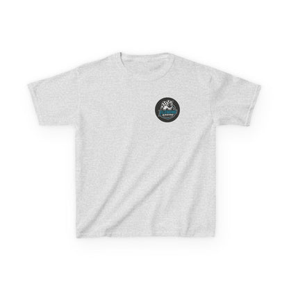 Kids racing logo tee, light gray T-shirt with small round emblem on chest