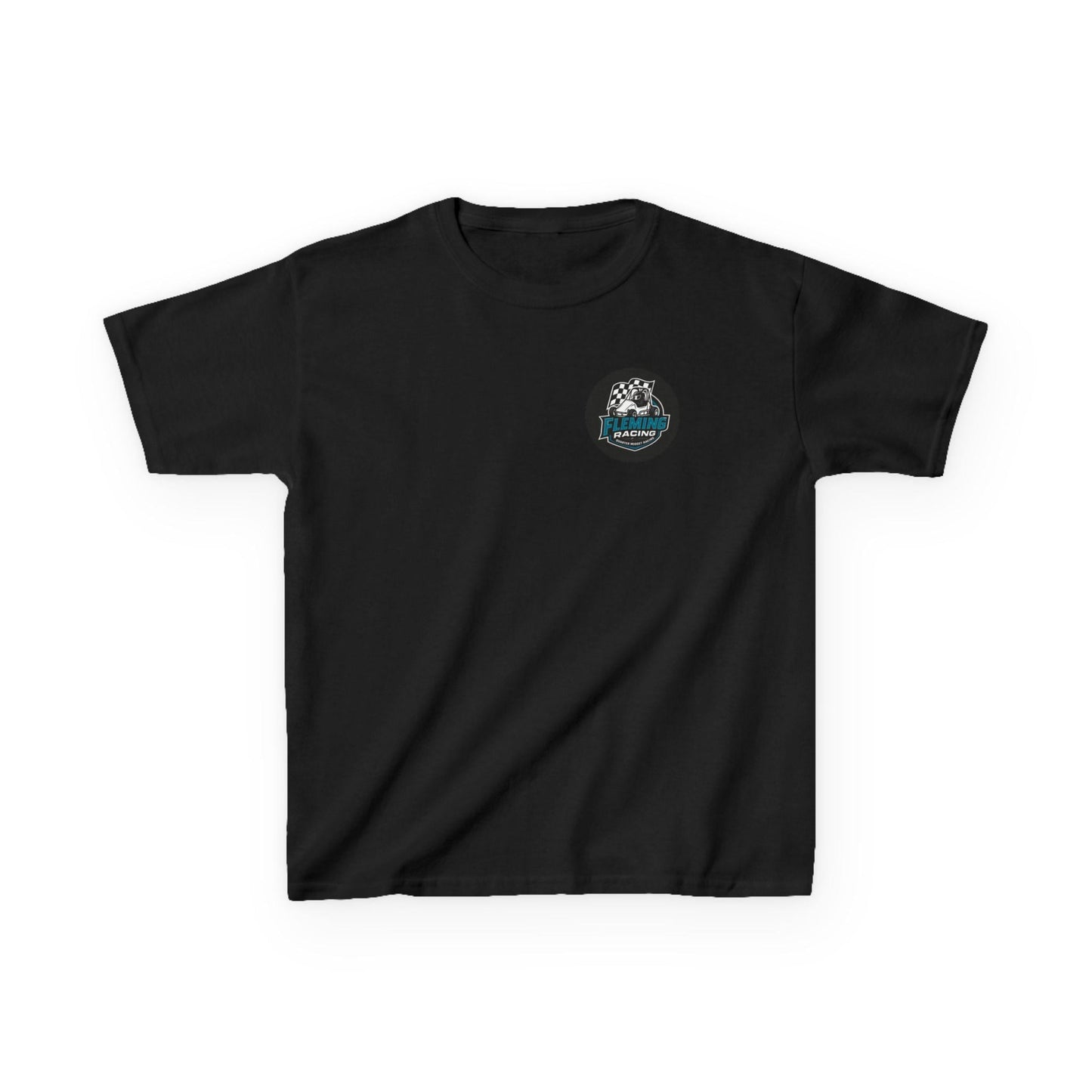 Kids racing logo tee, black T-shirt with small round emblem on chest