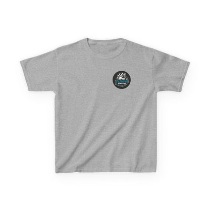 Kids racing logo tee, heather gray T-shirt with small round emblem on chest