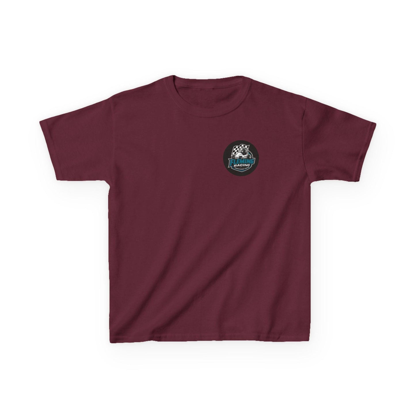 Kids racing logo tee, maroon T-shirt with small round emblem on chest