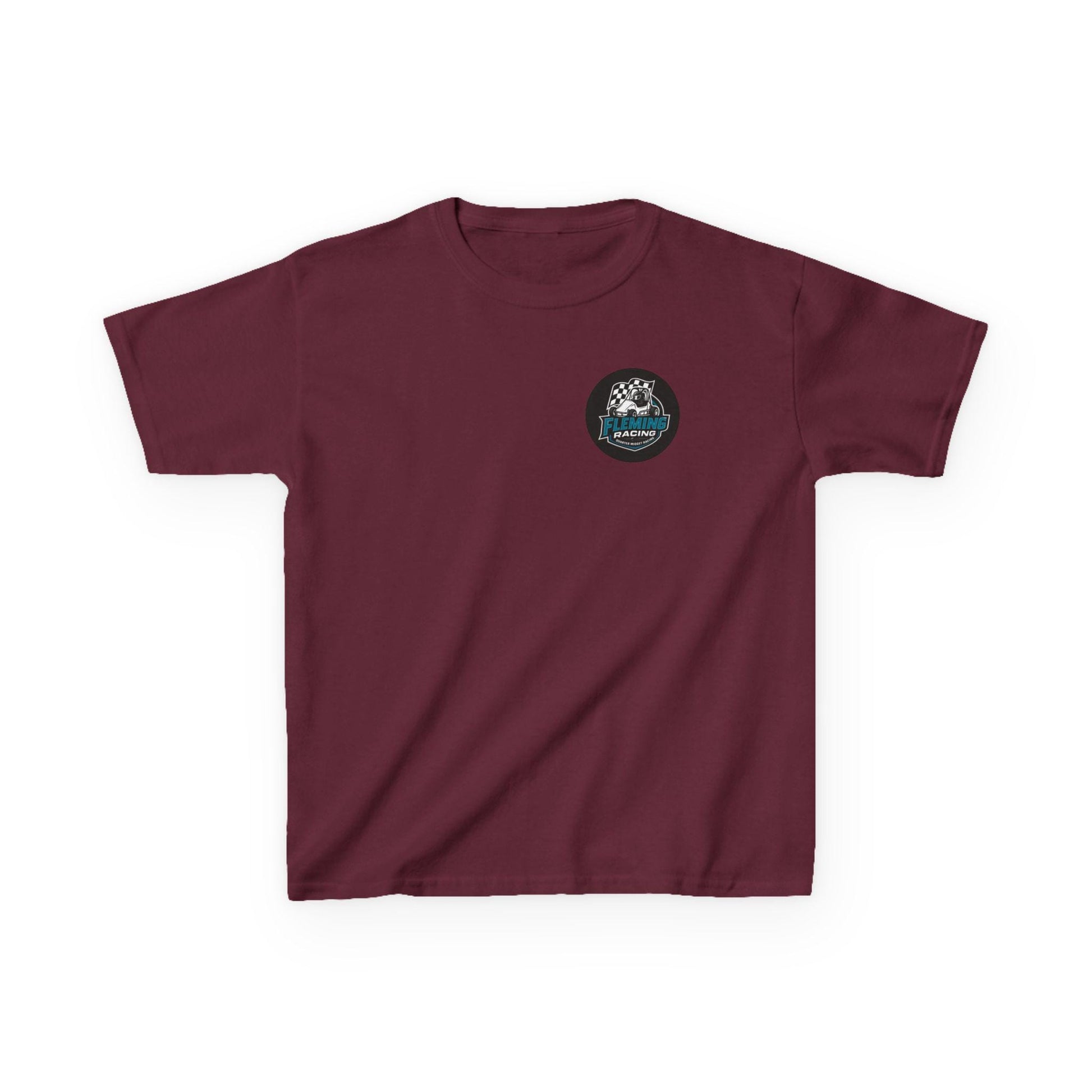 Kids racing logo tee, maroon T-shirt with small round emblem on chest