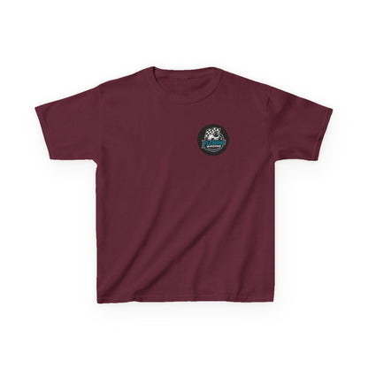 Kids racing logo tee, maroon T-shirt with small round emblem on chest