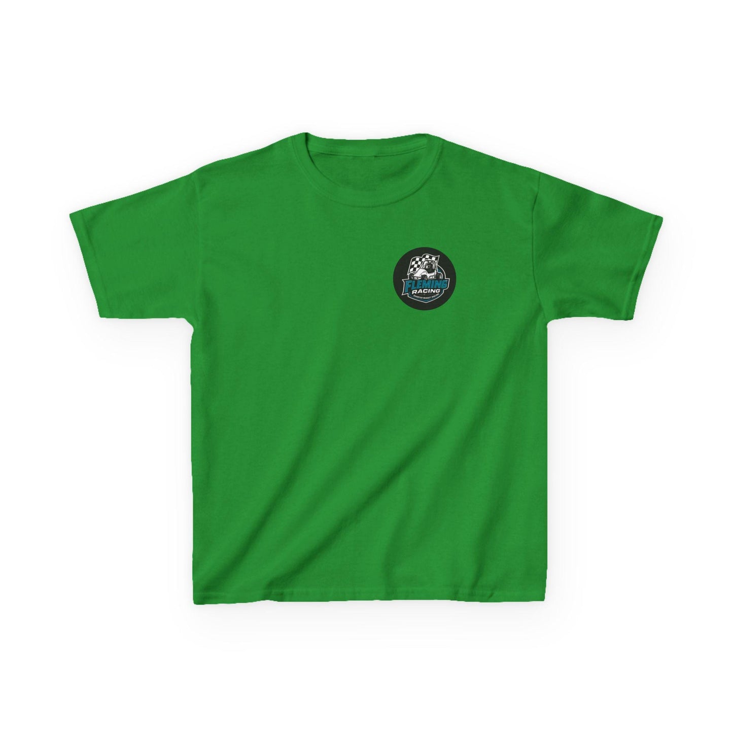 Kids racing logo tee, green T-shirt with small round emblem on chest