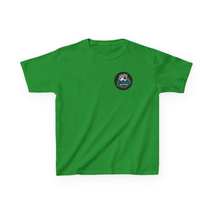 Kids racing logo tee, green T-shirt with small round emblem on chest