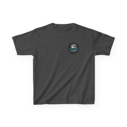Kids racing logo T-shirt, dark gray with small round badge logo on chest