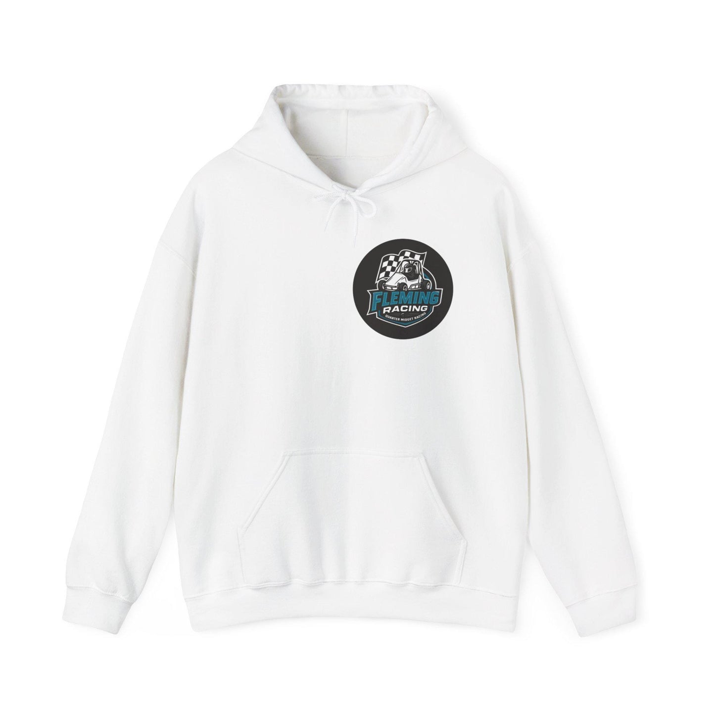 White hoodie with front pouch pocket, drawstring hood, Fleming Racing logo patch.