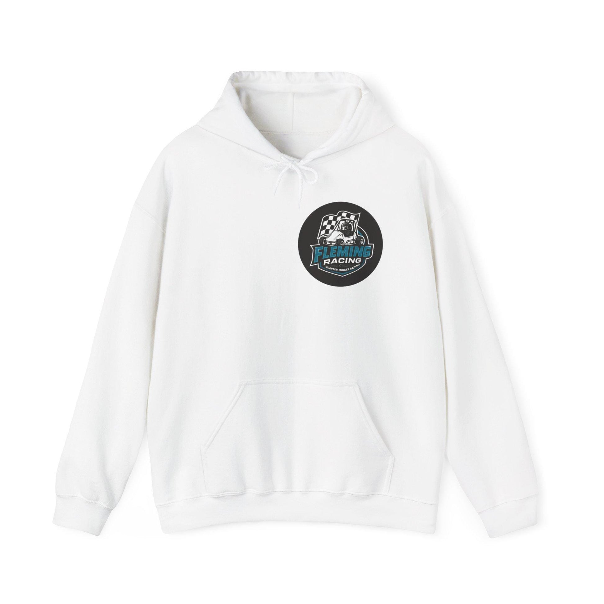 White hoodie with front pouch pocket, drawstring hood, Fleming Racing logo patch.