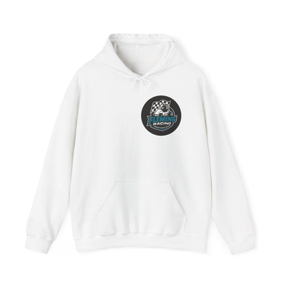 White hoodie with front pouch pocket, drawstring hood, Fleming Racing logo patch.