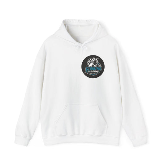 White hoodie with front pouch pocket, drawstring hood, Fleming Racing logo patch.