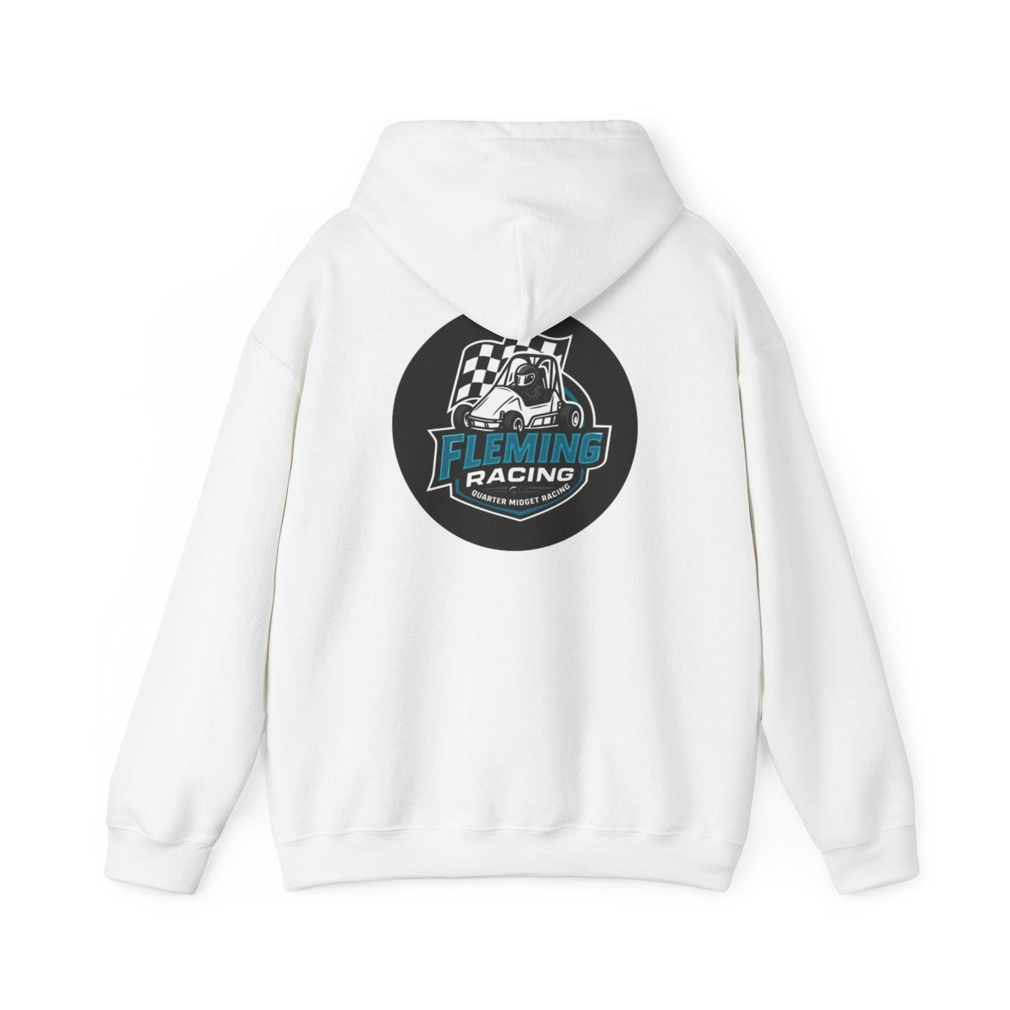 White hoodie with drawstring hood and back Fleming Racing logo print.