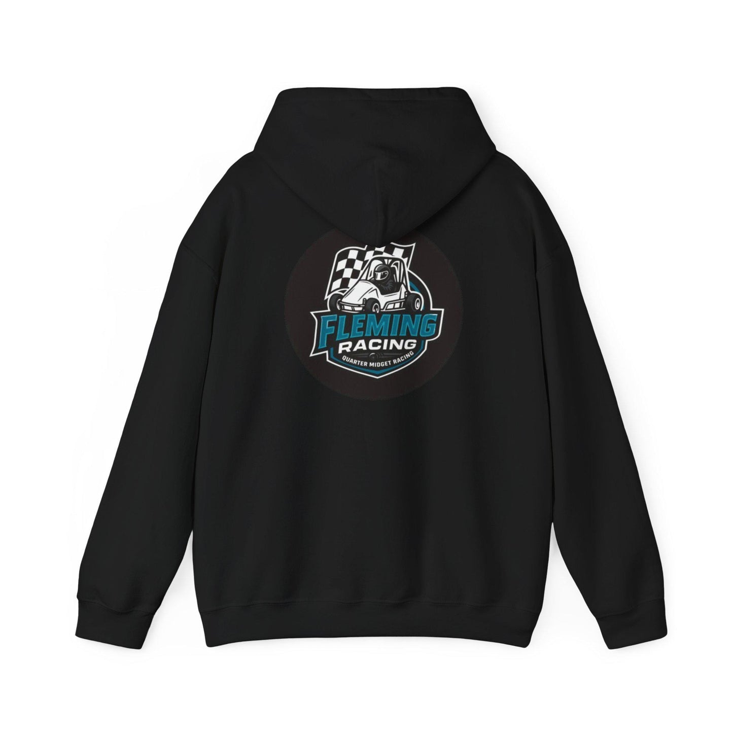 Black hoodie with drawstring hood and back Fleming Racing logo print.