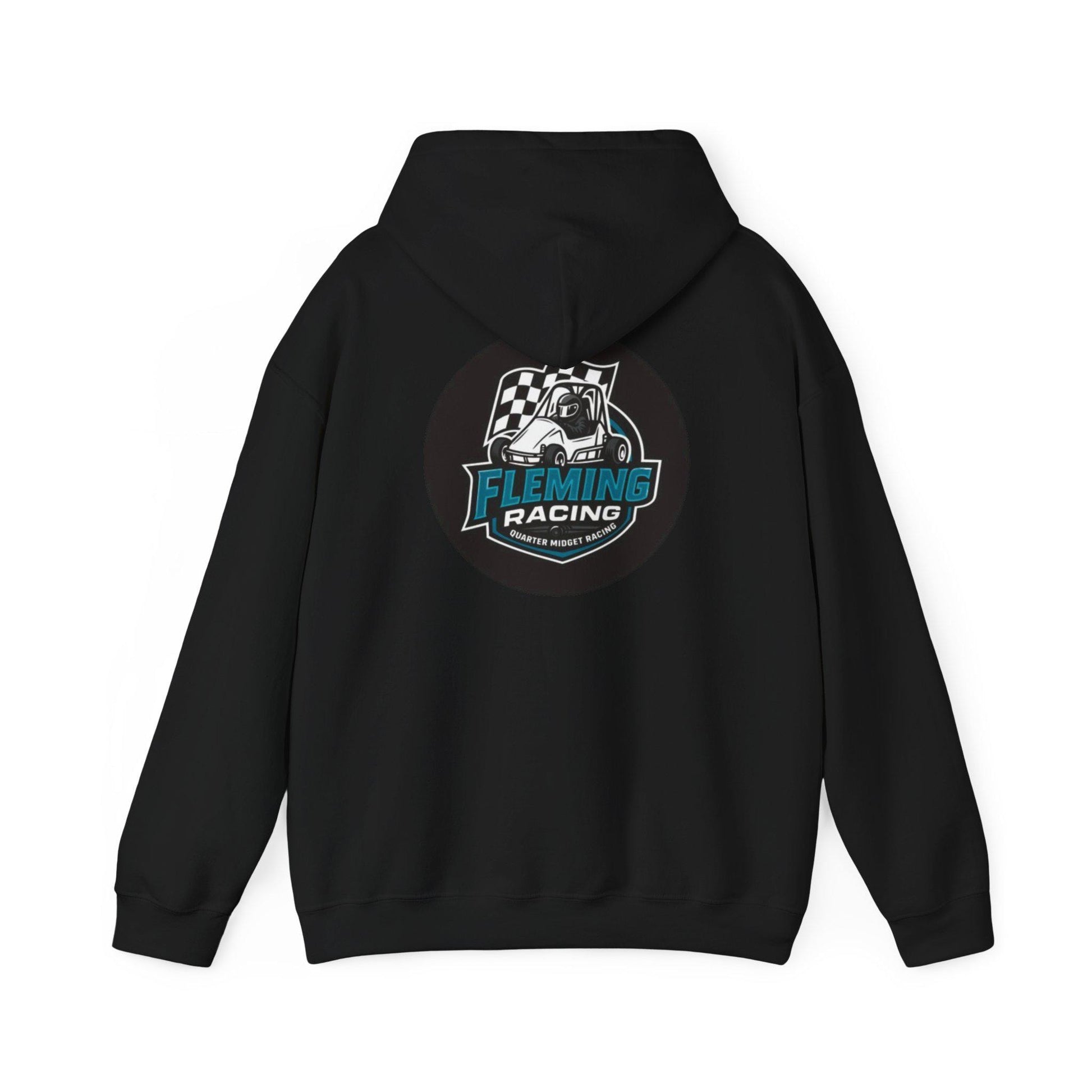 Black hoodie with drawstring hood and back Fleming Racing logo print.