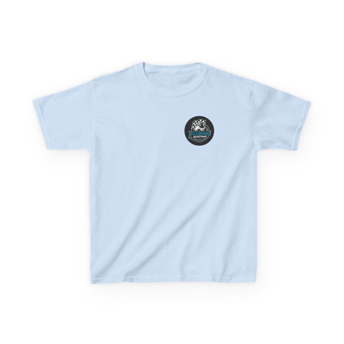 Kids racing logo T-shirt, light blue with small round badge logo on chest