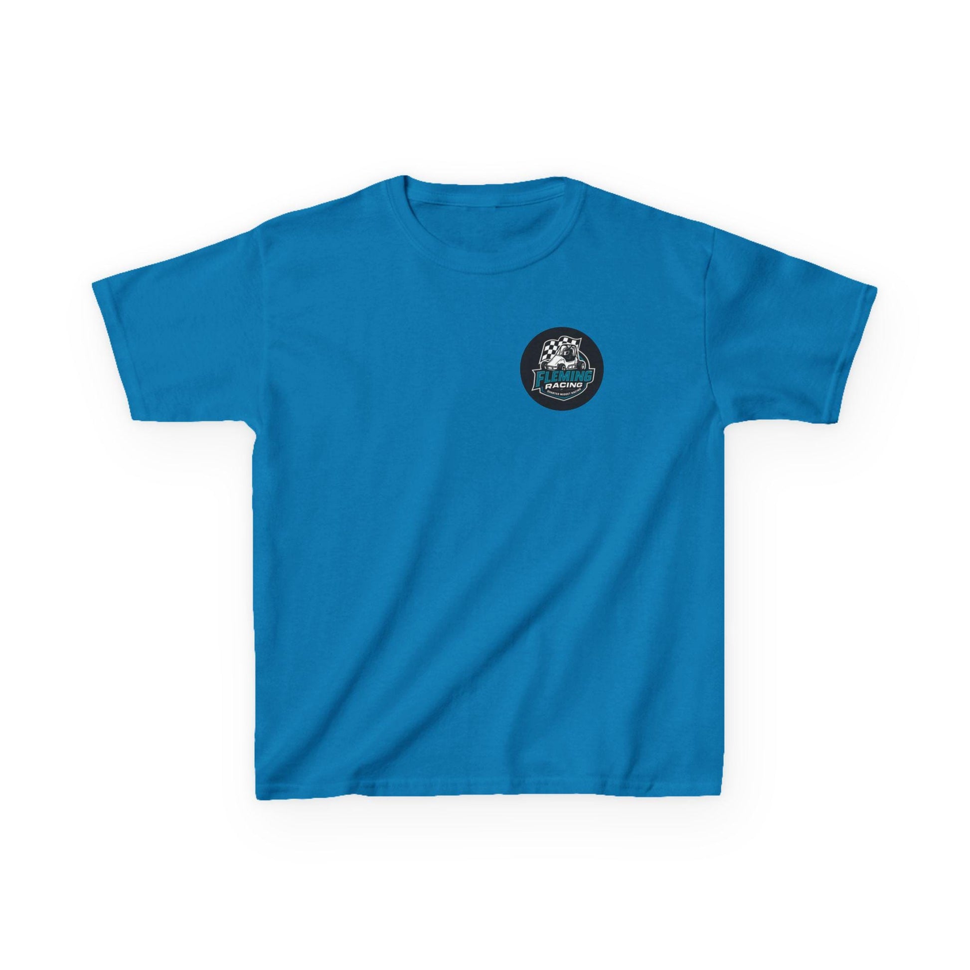 Kids racing logo T-shirt, bright blue with small round badge logo on chest