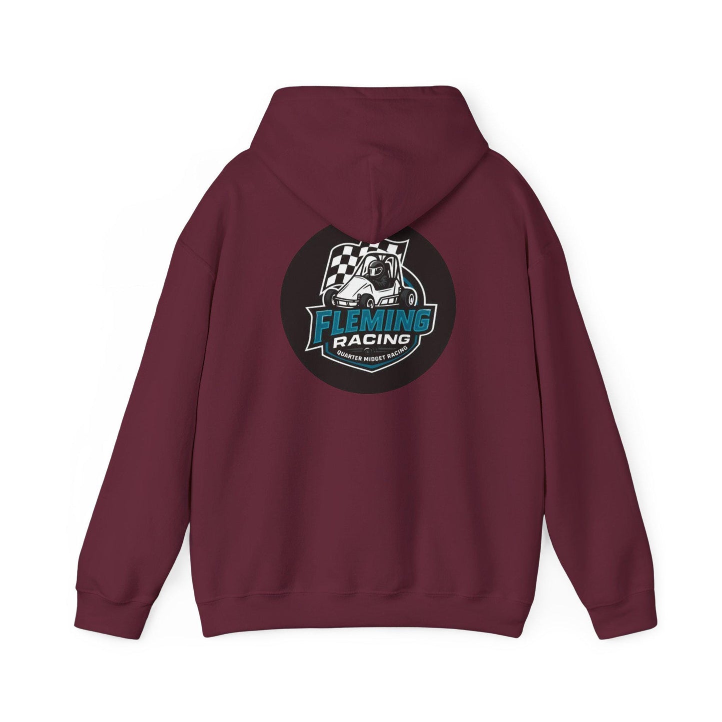 Maroon hoodie with drawstring hood and back Fleming Racing logo print.