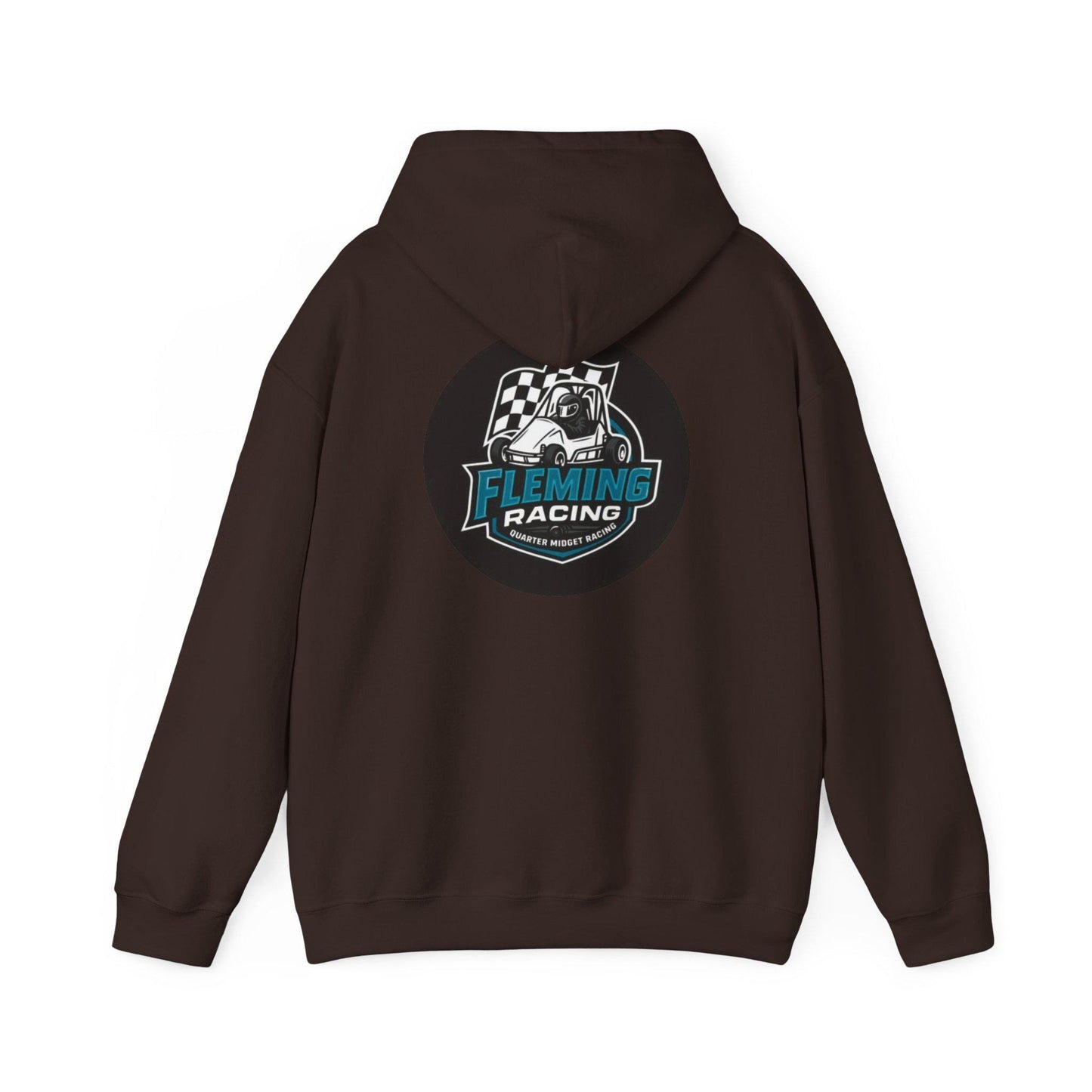 Dark brown racing emblem logo hoodie, rear hood and full-size back print