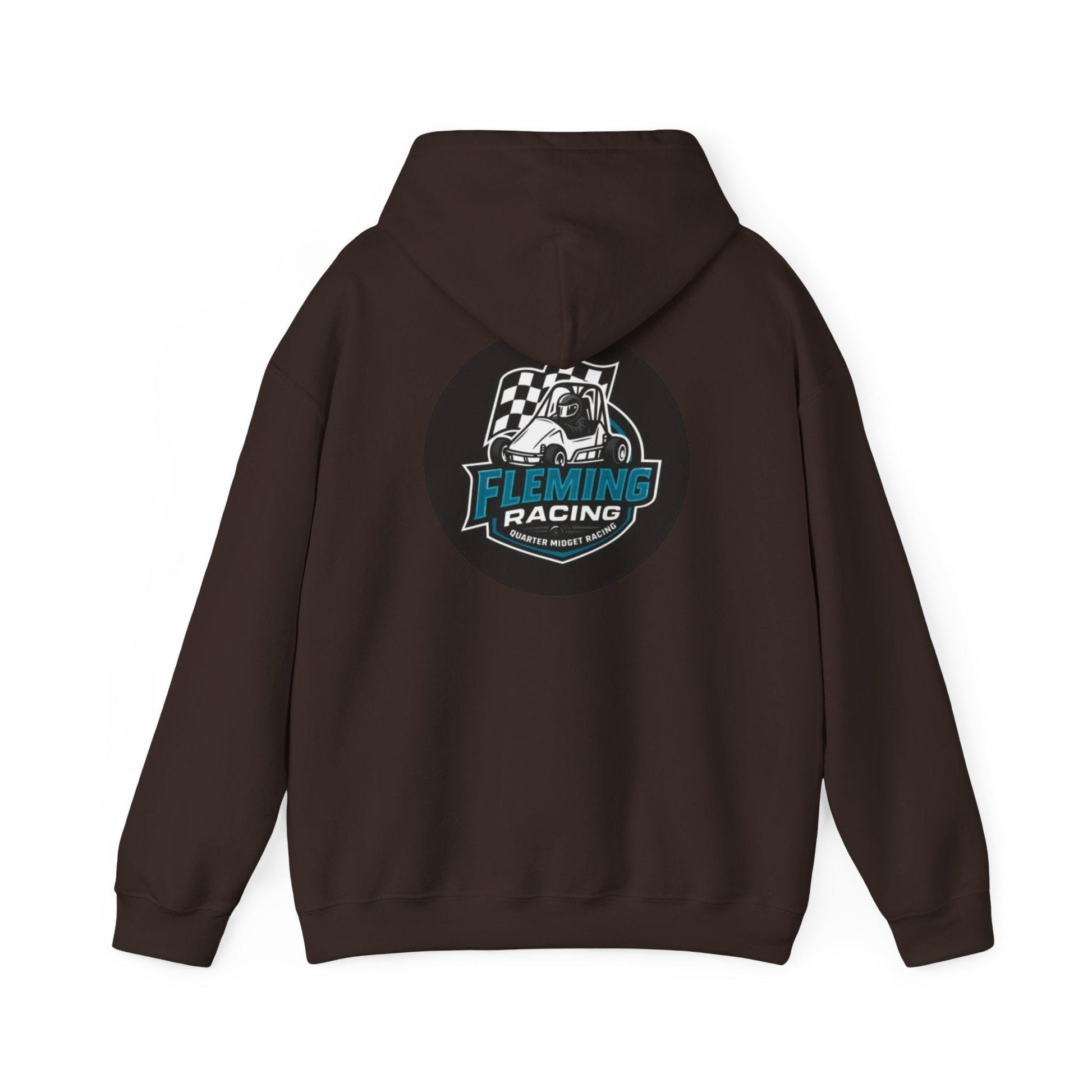 Dark brown racing emblem logo hoodie, rear hood and full-size back print