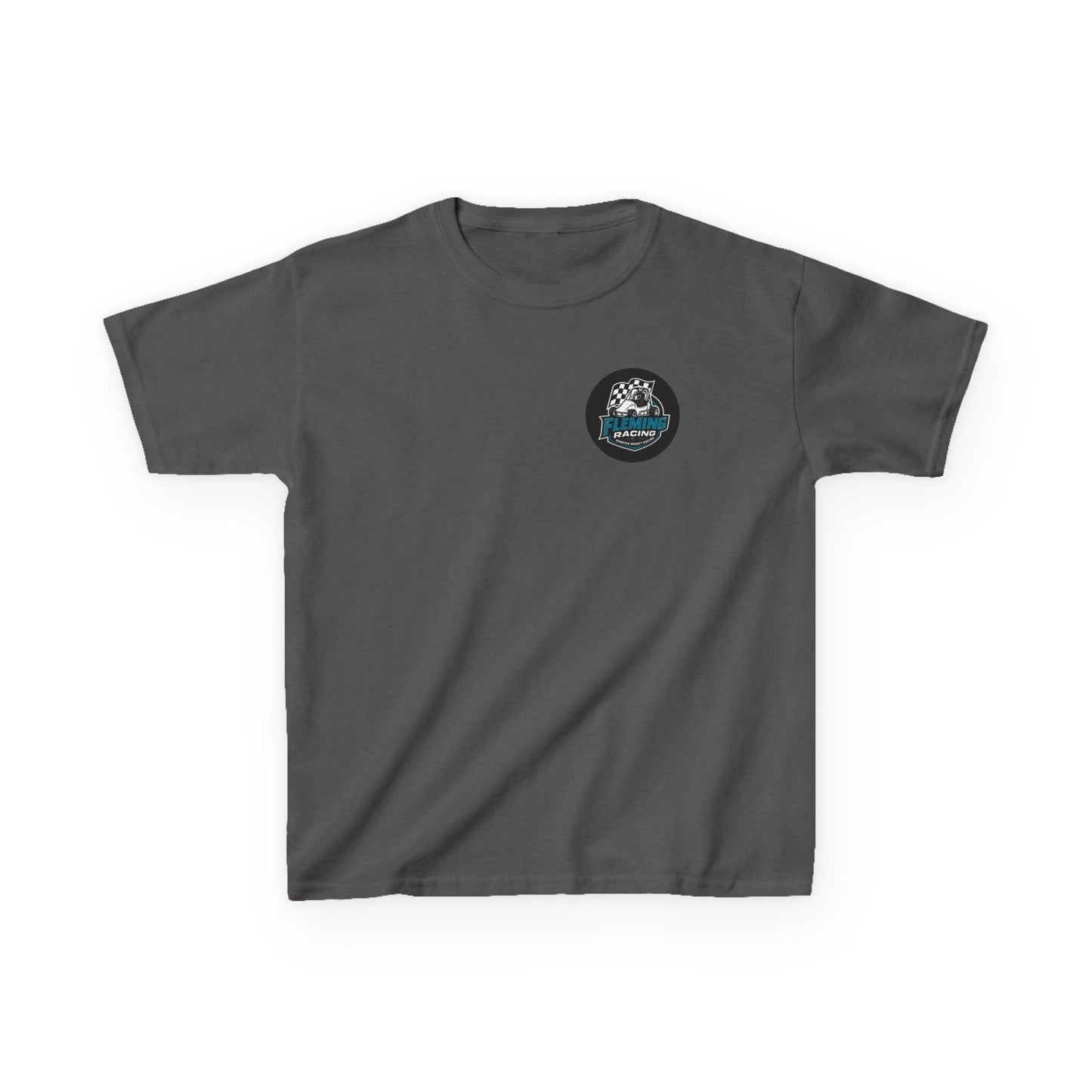 Kids racing logo T-shirt, charcoal gray with small round badge logo on chest