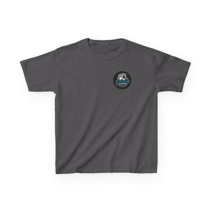 Kids racing logo T-shirt, charcoal gray with small round badge logo on chest