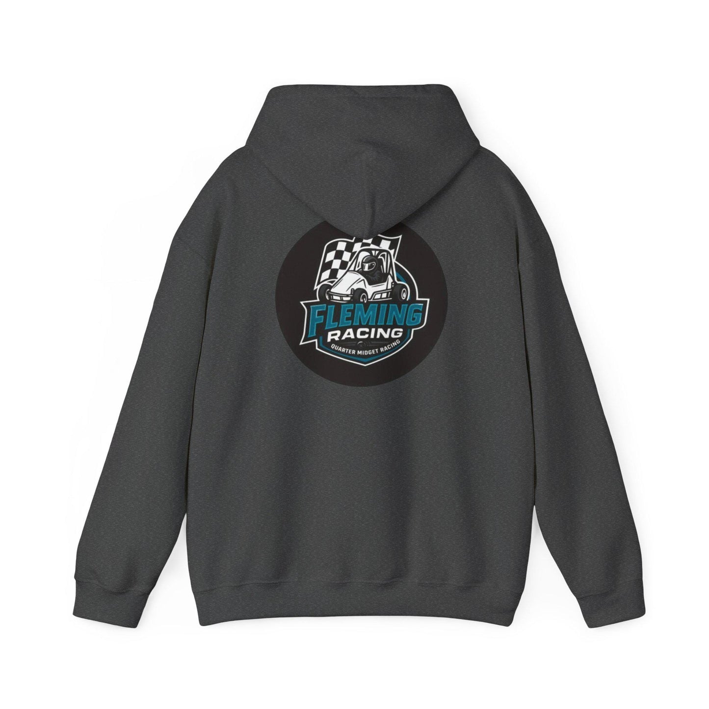 Dark gray racing emblem logo hoodie, rear hood and large back emblem print