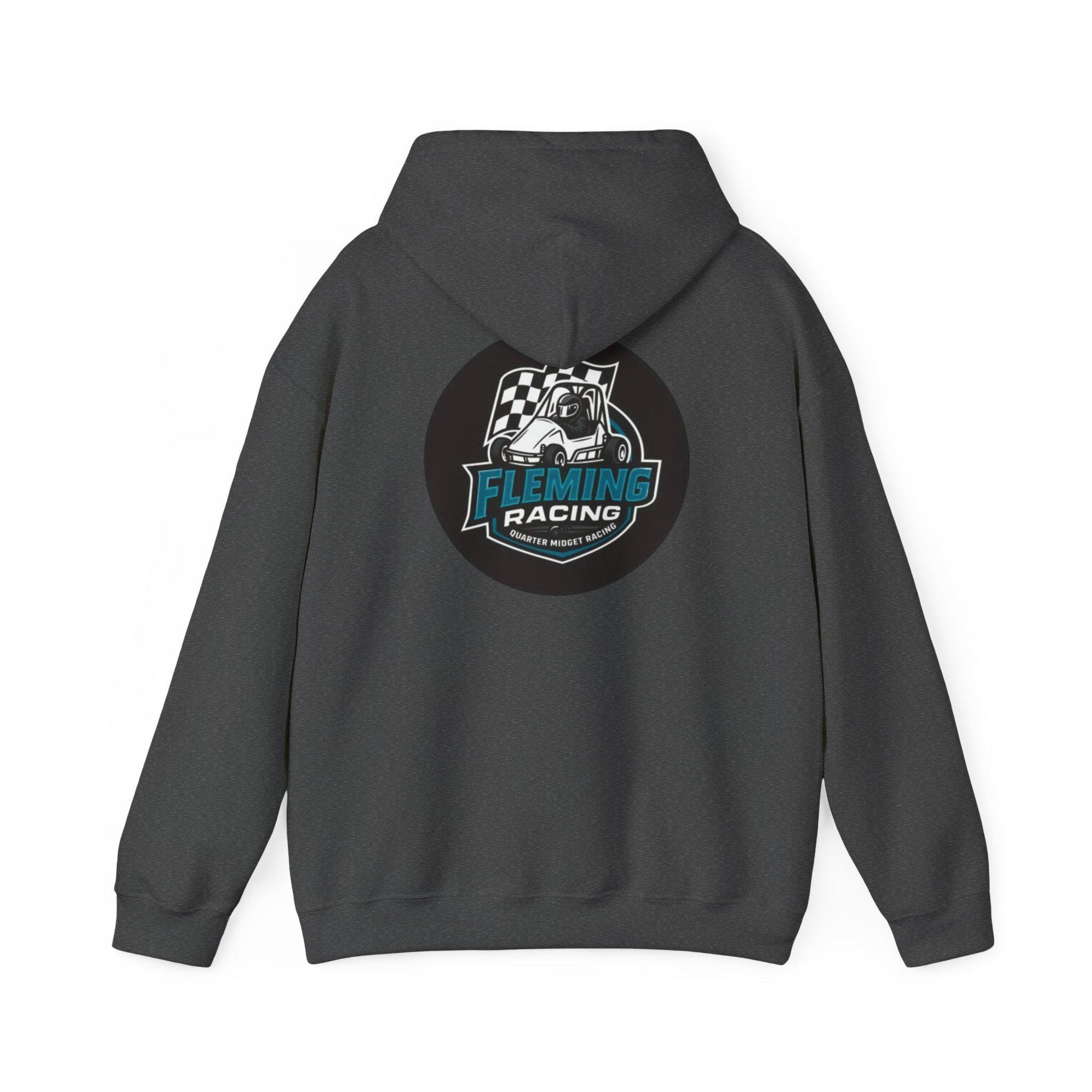 Dark gray racing emblem logo hoodie, rear hood and large back emblem print