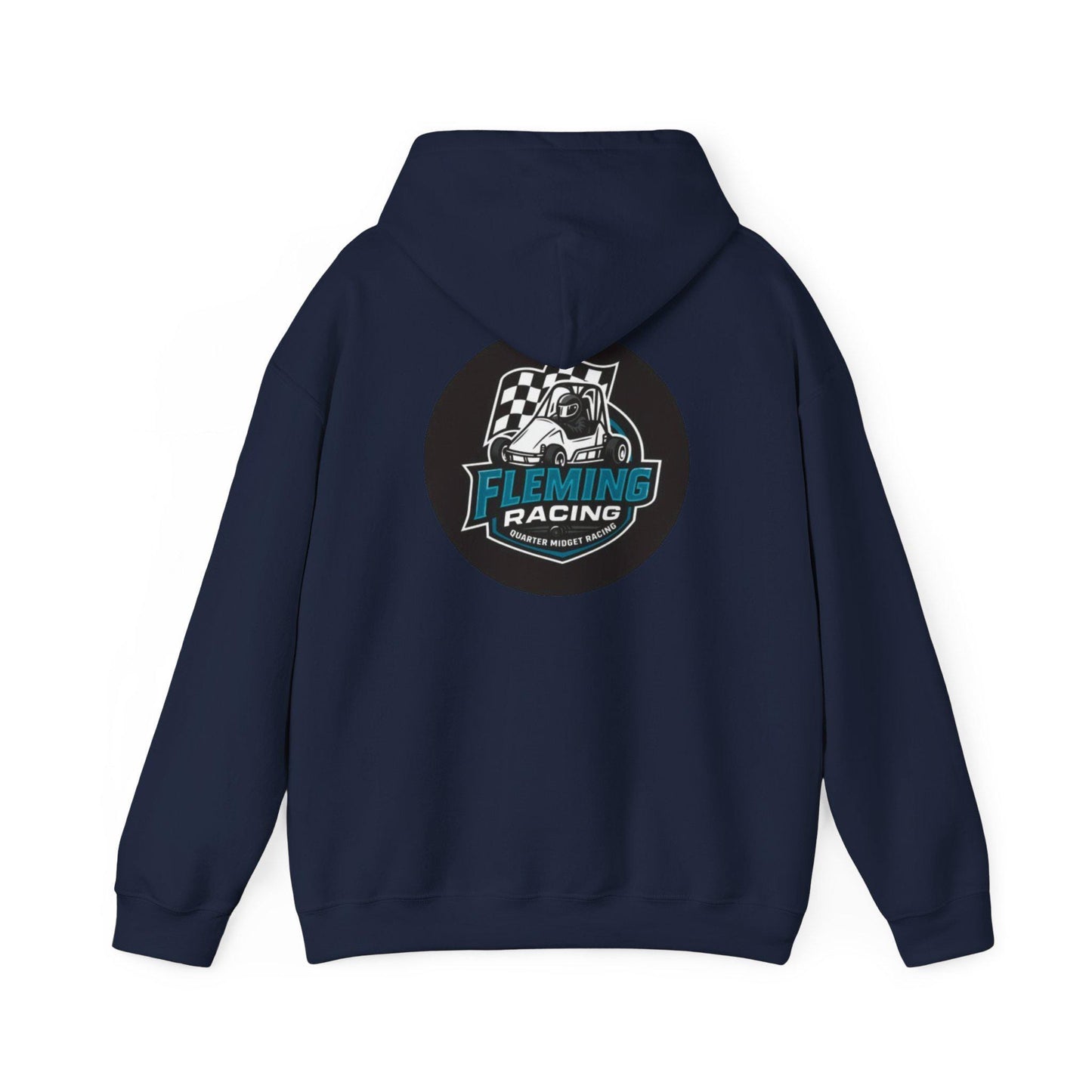 Navy racing emblem logo hoodie, rear hood and large back emblem print
