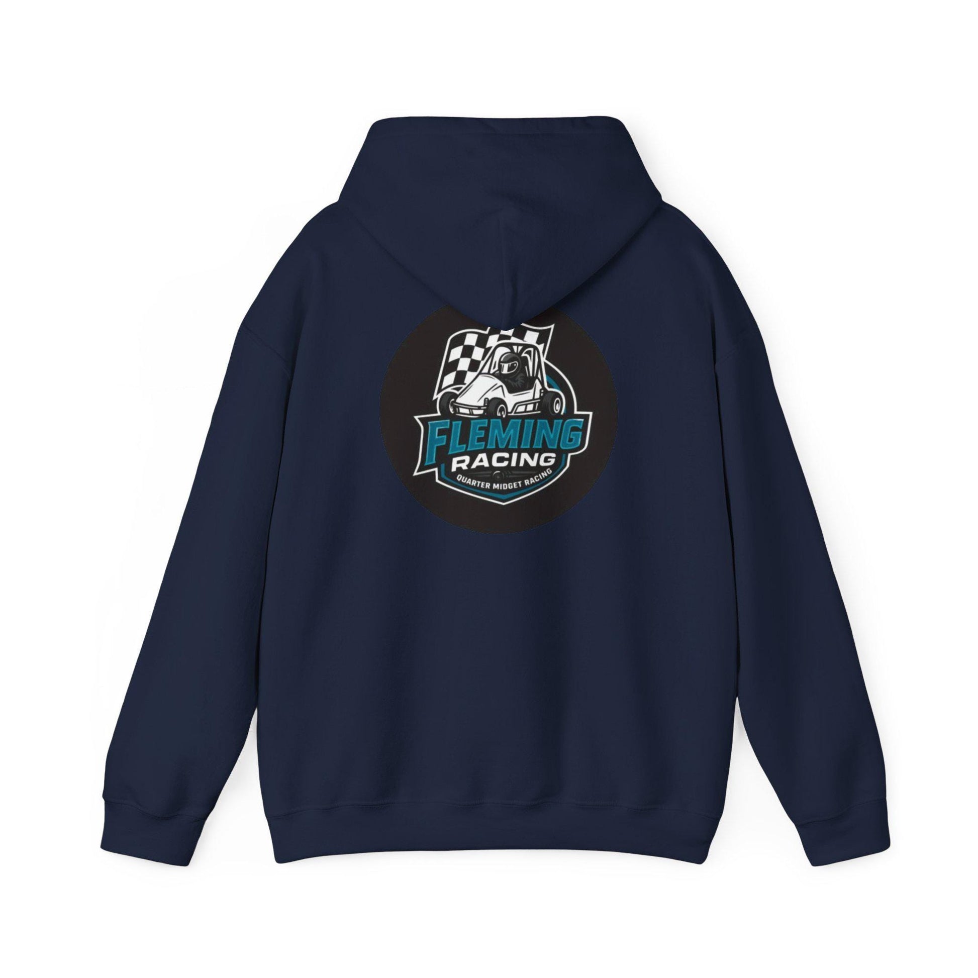 Navy racing emblem logo hoodie, rear hood and large back emblem print