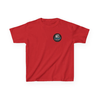 Kids racing logo T-shirt, red with small round badge logo on chest