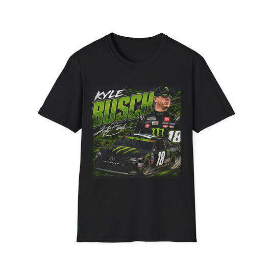 Black racing graphic T-shirt with Kyle Busch and race car helmet design.