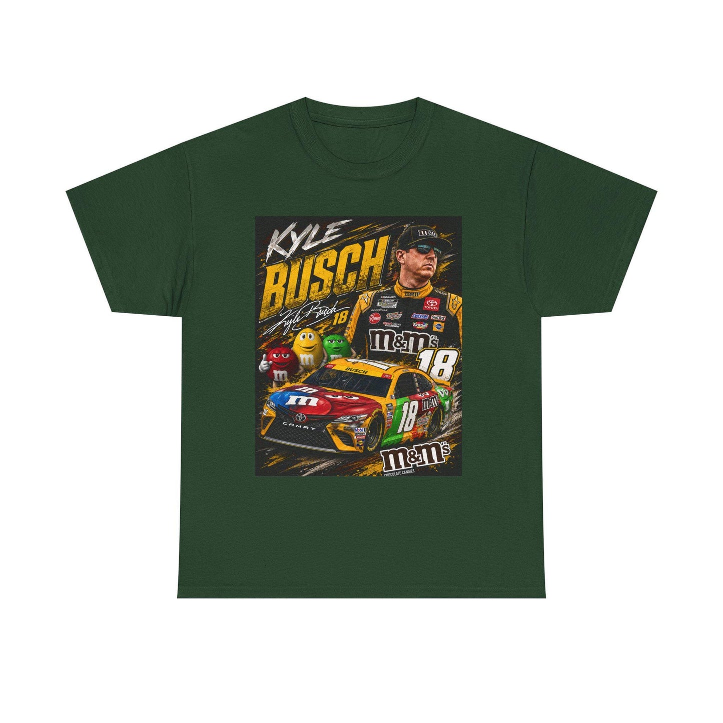 Forest green NASCAR racing tee with square Kyle Busch car #18 graphic