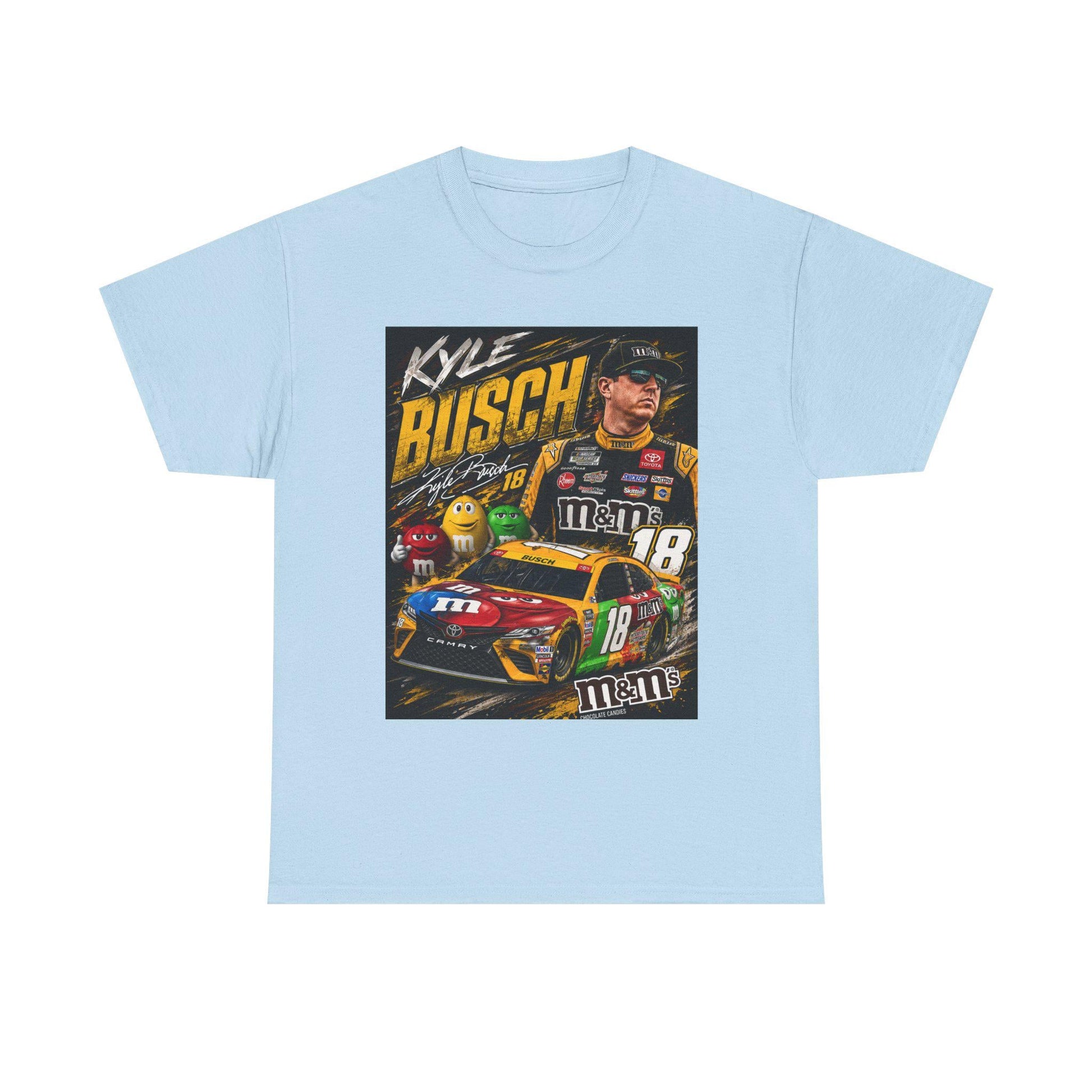 Light blue NASCAR racing tee with square Kyle Busch car #18 graphic